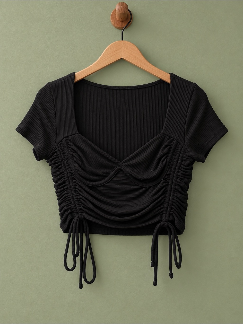 Black Ruched Drawstring Crop Top | Size M